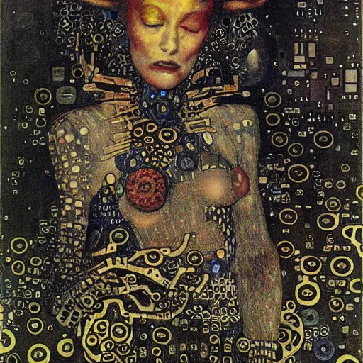 Prompt: cybernetic demon sleeping in circuitry, intricate detail, jazz age, klimt, miro, royo, whealan,