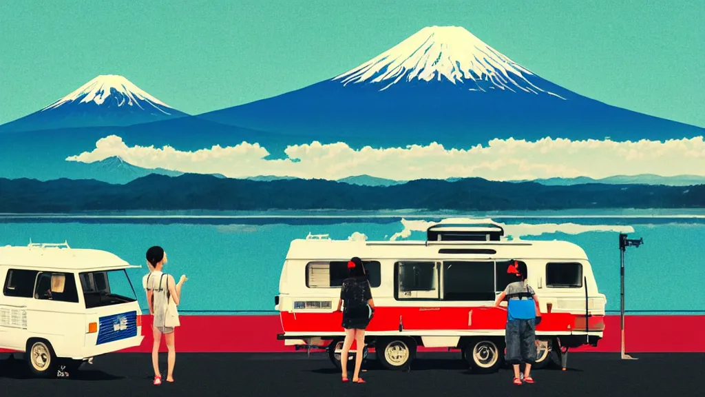 Prompt: a scene of camper travellers touring at yamanaka lake overlooking mount fuji, japan, a collage painting, in the style of wes anderson, lola dupre, david hockney, isolated on negative white space background dark monochrome neon spraypaint accents volumetric octane render