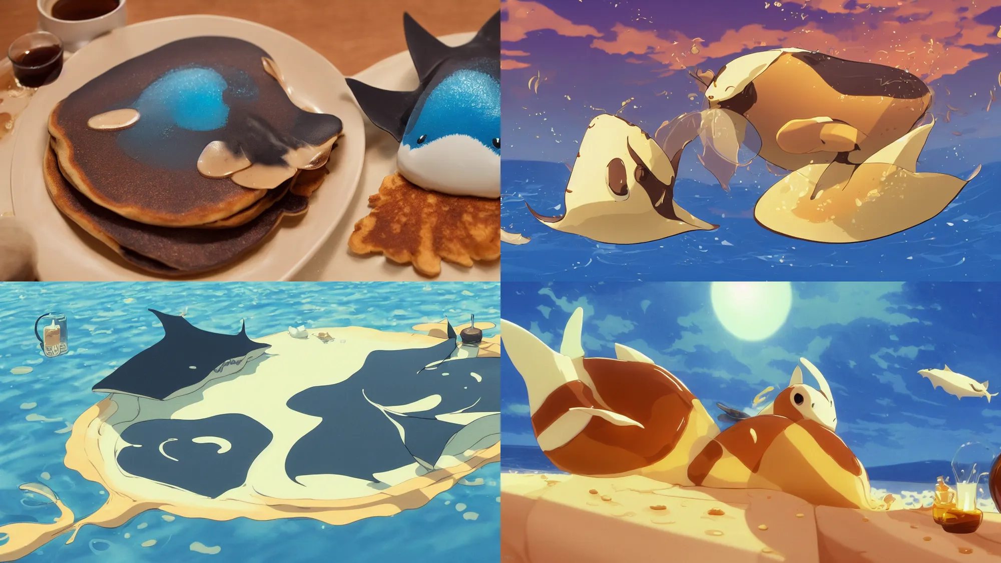 Prompt: pancake manta ray swimming in maple syrup, cute, 4 k, 8 k, maple syrup fluid, manta ray made of pancake, fantasy food world, living food adorable pancake, golden brown atmospheric lighting, beautiful lighting composition, by makoto shinkai, studio ghibli, salvador dali