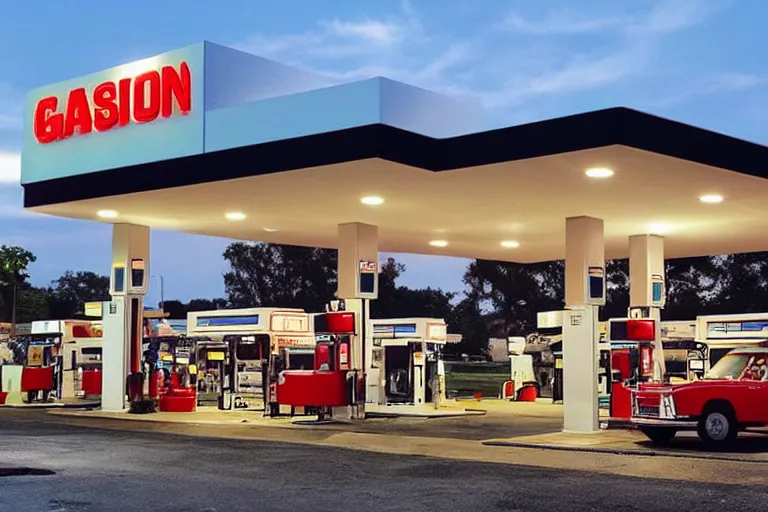 Prompt: a beautiful luxurious gas station, retro and 1 9 8 0 s style, beautiful architecture