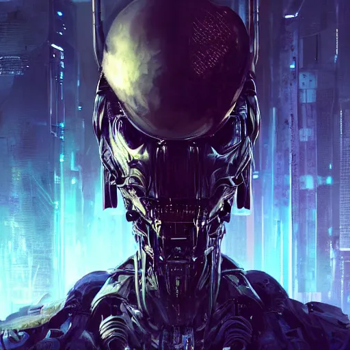 Image similar to portrait sci-fi art by Greg Rutkowski and Ruan Jia, Predator vs Alien, solar flares, futuristic environment, detailed and intricate environment, fractal biomech, cyberpunk, neon color, purple bioluminescence, gold and black metal, dramatic lighting, cinematic, high technology, highly detailed portrait, digital painting, artstation, concept art, smooth, sharp focus, ilustration, Artstation HQ,