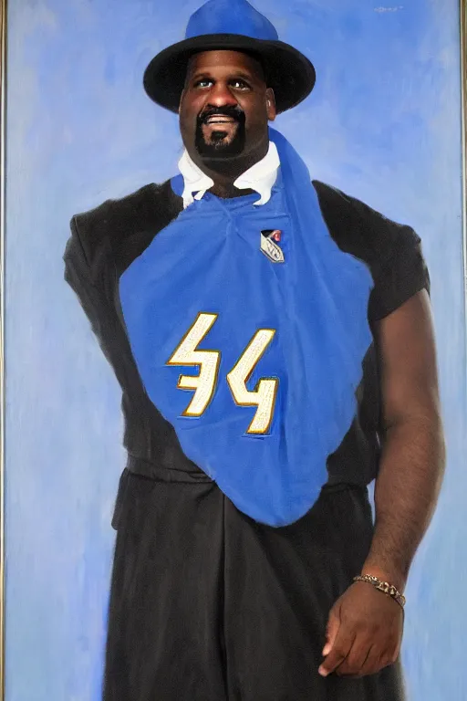 Prompt: full body portrait of shaquille o'neil as the dictator of the orlando magic, 1 8 8 9, in full military garb, magic blue, silver, and black,, oil on canvas by william sidney mount, trending on artstation