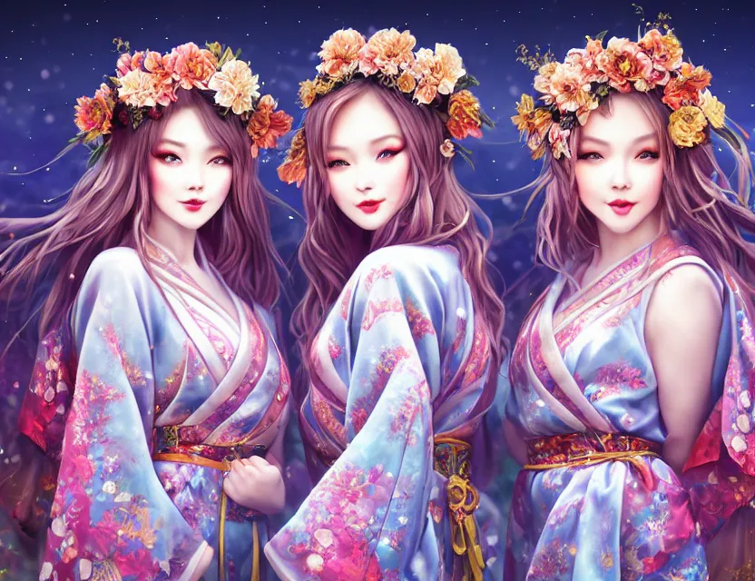 Image similar to two beautiful alluring siberian girls wear fantasy kimono in festival | | sunny night, full moon, dreamlike art, realistic shaded, smile, good looking, hyper details, 4 k realistic, cryengine, realistic shaded lighting poster by artgerm, ross tran, fuji choko, 8 k resolution, trending on artstation, luxury