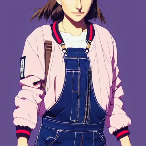 Prompt: a beautiful! boyish! natalie portman alluring gravure! model, wearing oversized mayan bomber jacket and leotard with overalls, bulky poofy bomber jacket with mayan patterns, aztec street fashion, trending on pixiv fanbox, painted by greg rutkowski makoto shinkai takashi takeuchi studio ghibli, akihiko yoshida