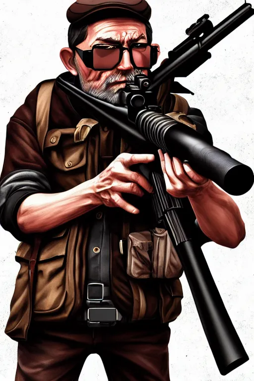 Prompt: sniper! middle age man, holding gun, full height, high angle, centered, by artgerm, arcane colors, white background