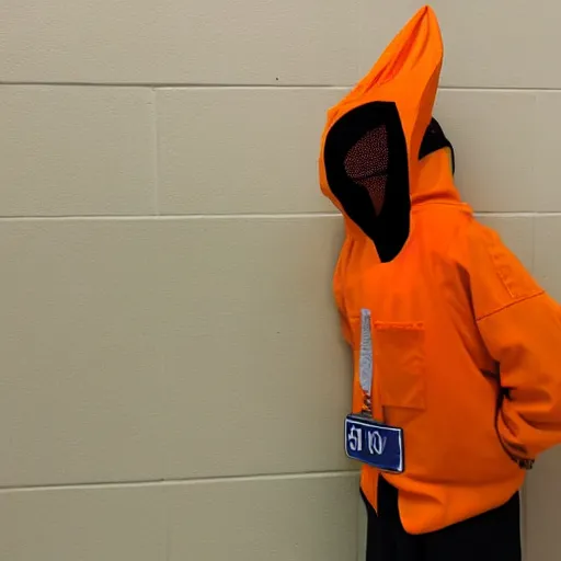 Image similar to inmate with orange suit and wearing a bee head