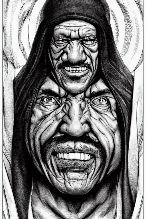 Prompt: portrait of Danny Trejo as church nun, highly detailed, artstation, manga illustration by Kentaro Miura berserk