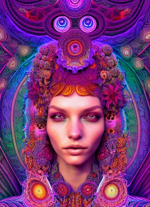 Image similar to absurdly beautiful, fashionable young woman, fourth dimension, psychedellic, ayahausca, tryptamine, hyperdetailed illustration by irakli nadar and alexandre ferra, intricate linework, unreal engine 5 highly rendered, global illumination, radiant light, detailed and intricate environment