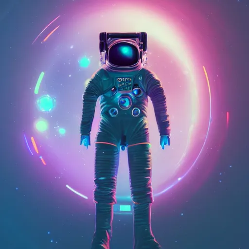 Image similar to cyberpunk astronaut bot, cinema 4 d, galaxy, ufo, space sci - fi, wearing vr goggles, illustration, portrait, pastel neon textured background night, trending on artstation, greg rutkowski, octane rendered, 1 2 k, detailed,