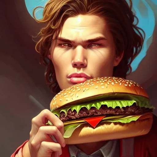 Prompt: Maxmoefoe eating a burger, closeup, D&D style, fantasy, intricate, elegant, highly detailed, digital painting, artstation, concept art, matte, sharp focus, illustration, art by Artgerm and Greg Rutkowski and Alphonse Mucha