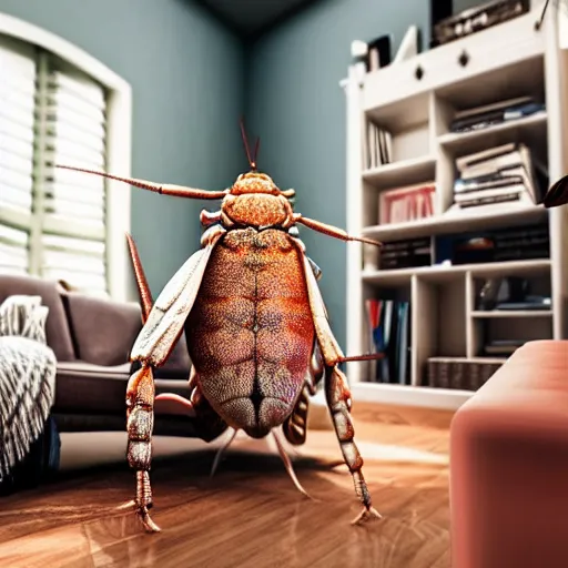 Image similar to Horrifying giant bugs in a small cramped living room, ominous, 4K, high octane,
