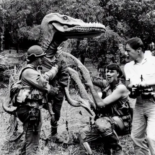 Image similar to soldiers taking a picture with a tyrannosaurus rex in the vietnam war, black and white, eddie adams, david burnett, robert capa, al chang, niel davis, marc riboud