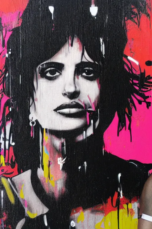 Prompt: graffiti, splash painting, portrait of penelope cruz, artwork by bansky