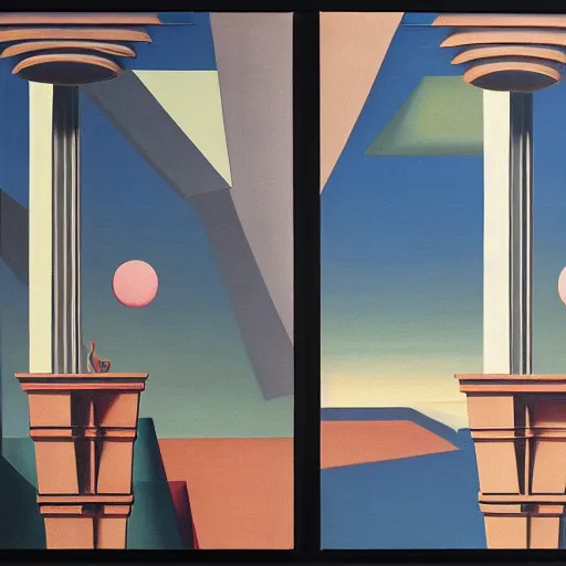 Prompt: painting of the philosophical problem of evil in hybrid style of de chirico and magritte