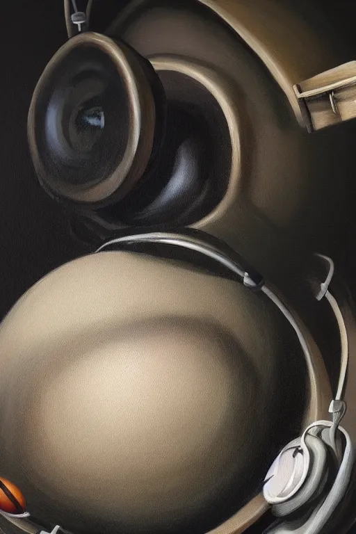 Image similar to hyperrealism surrealism acrylic painting, close - up portrait of bowling ball - with big headphones and a mime sweater, aerosol splashes on paper background, art by jeff soto