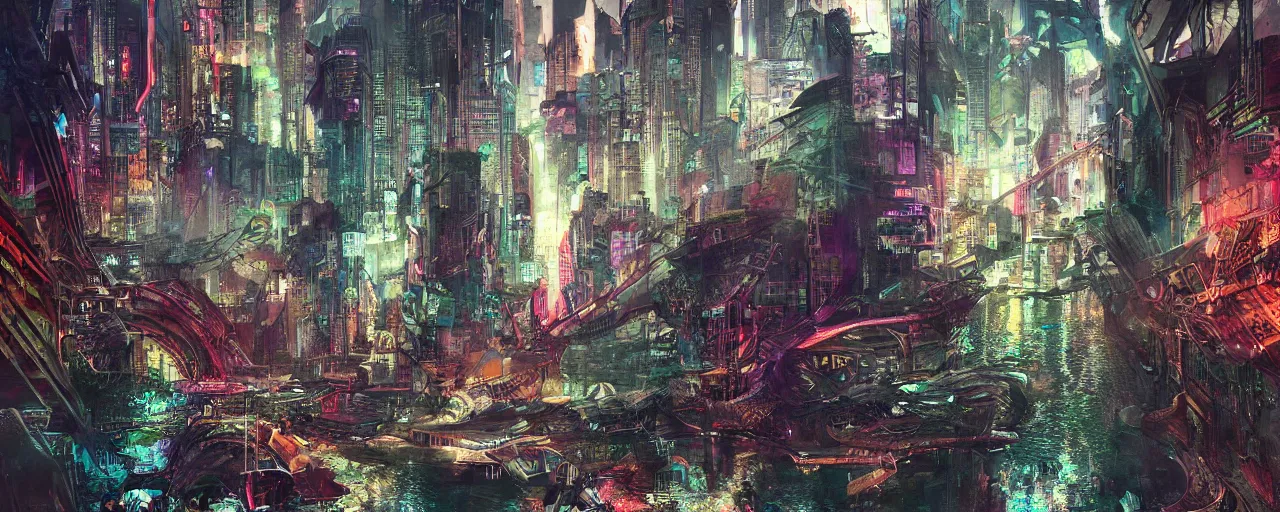 Image similar to dichroic ultra realistic illustration of beautiful ruination futuristic cyberpunk flooded kowloon, epic composition, accidental baroque golden ratio, by bill sienkiewicz. graffiti art, scifi, fantasy, hyper detailed. concept sketch. concept art. trending on artstation