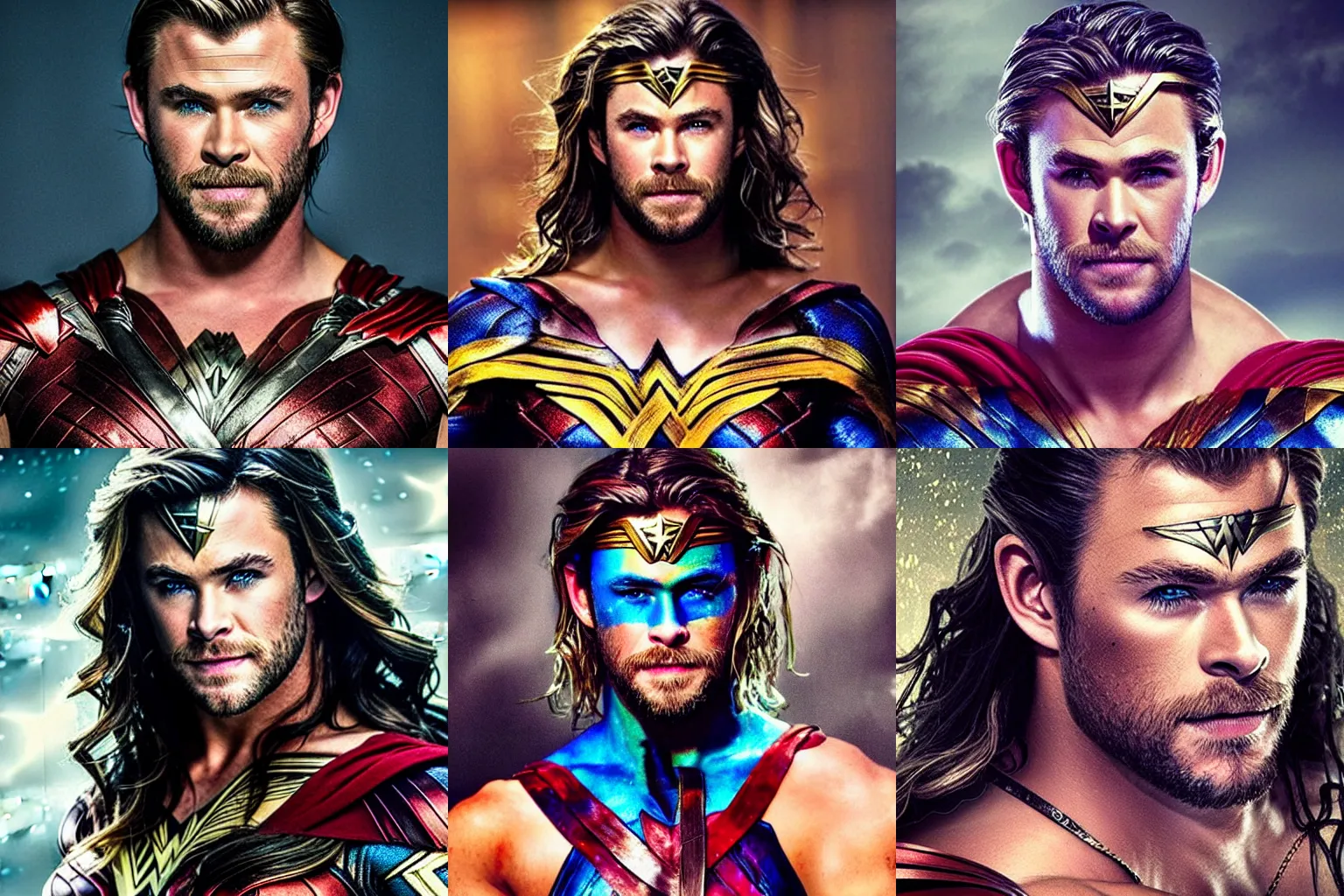 Prompt: a beautiful colorful potrait photograph of Chris Hemsworth Chris Hemsworth Chris Hemsworth in Wonder Woman costume, makeup💄