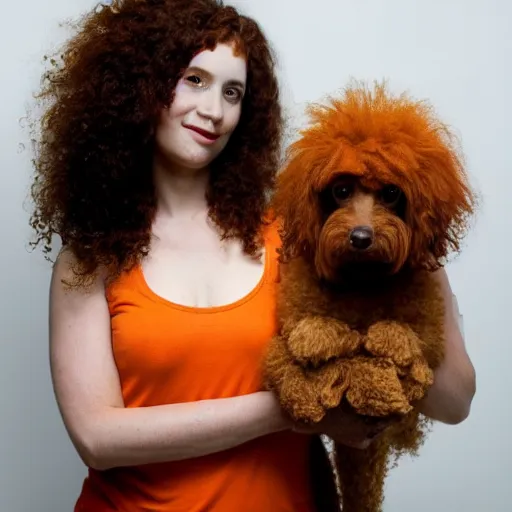 Image similar to a beautiful pale woman with orange hair holding both a curly headed baby boy and also a brown poodle, in the style of salvador dahli