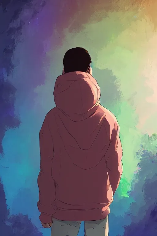 Image similar to young man in a purple hoodie, back view, messy short brown hair, colourful, 8 k, anime, ghibli style, graphic novel, digital art trending on artstation