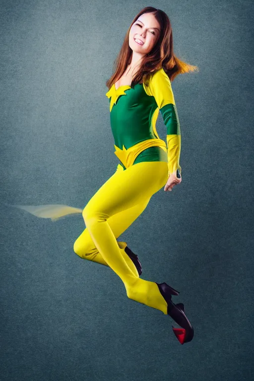 Image similar to beautiful superhero woman flying in the air, green yellow tight costume, cloak, explosion background, canon eos r 6 photo