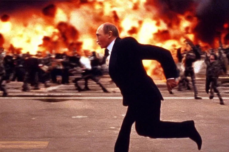 Image similar to film still, energetic long shot, tilted frame, some motion blur, of Vladimur Putin running away from an explosion, from the movie The Rock (1996), promotional photo