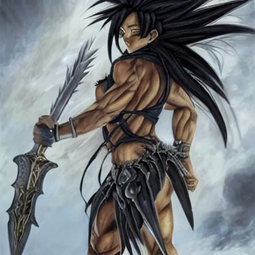 Image similar to realistic art style, warrior girl, muscular girl, wild spiky black saiyan hair, long spiky hair, electrified hair, holding scimitar made of bone, scimitar, sword, jagged sword, curved sword, orkish sword, colorized, gray skin, hyper - detailed, primeval fantasy, prehistoric fantasy, art by jacques - louis david