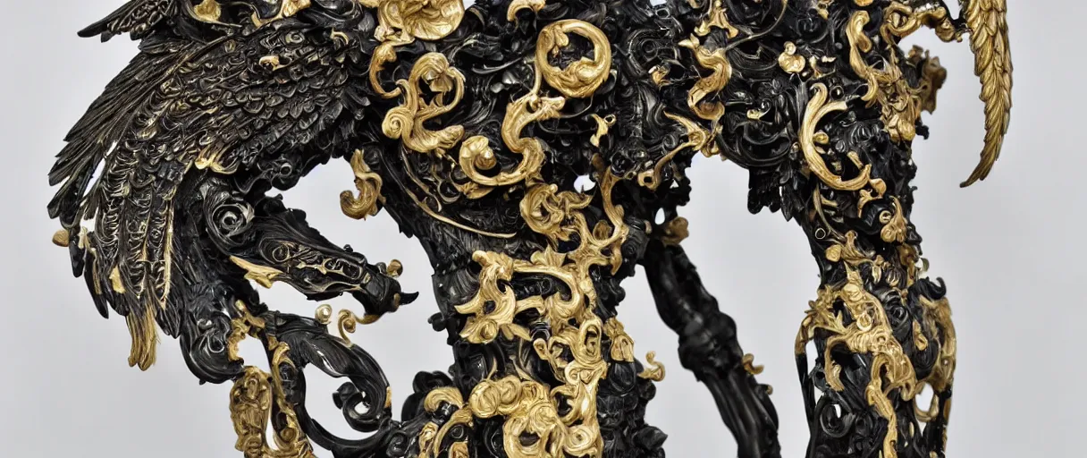 Prompt: carved black marble mechanical sculpture wearing hard surface armour, subtle gold accents, frontal view, ivory rococo, wings lace wear, hyper detailed, insane details, intricate