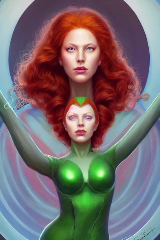 Image similar to Redhead Pleiadian alien human beautiful hybrid feminine woman, with stunning green eyes, cute symmetrical round face and a roundish nose, as a retro futuristic heroine, gorgeous digital painting, artstation, concept art, smooth, sharp focus, illustration, art by artgerm and donato giancola and Joseph Christian Leyendecker, Ross Tran, WLOP