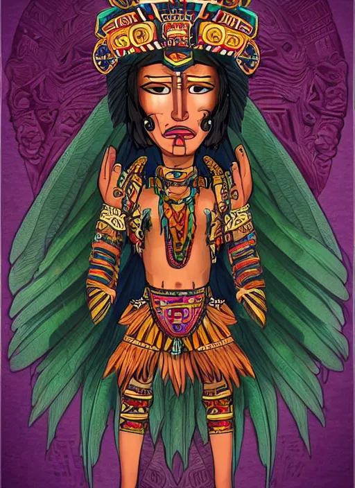 Image similar to character design, full body view, head to feet view, beautiful aztec warrior, muse goddess, crown of very long quetzal feathers, glowing aztec tattoos, pretty, dark fantasy