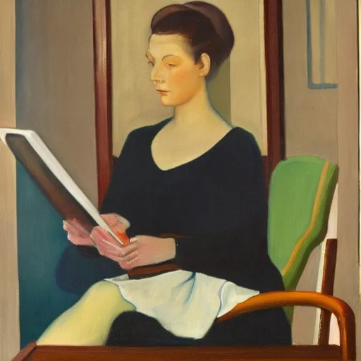 Image similar to 2 0 th century painting of a woman gazing contemplatively at a computer