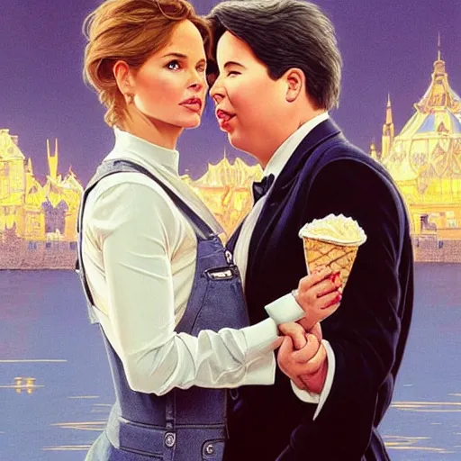 Image similar to michael mcintyre & a blonde fuller figured barbara bach from the bond film wearing blue dungarees and eating ice creams, real life skin, intricate, elegant, highly detailed, artstation, concept art, smooth, sharp focus, art by artgerm and greg rutkowski and alphonse mucha