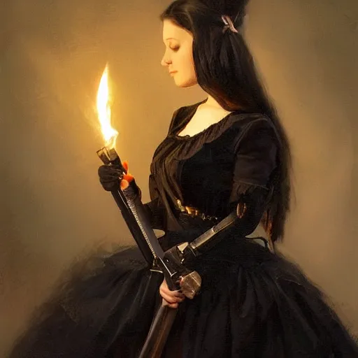 Image similar to a beautiful young woman, pale skin, black long hair, aristocrat, black expensive dress from 1 8 6 0, holding a rifle, illuminated by campfire, oil painting, digital art, studio photo, realistic, artstation, high quality, wild west