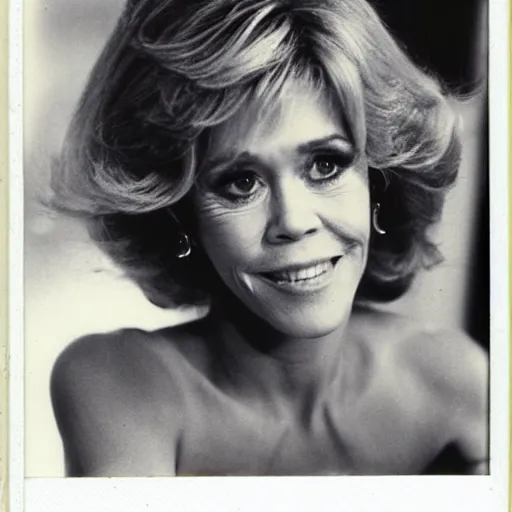 Prompt: Jane Fonda, amused and shy, looking flirtatiously into the camera, polaroid.