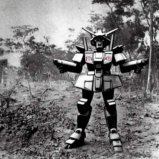 Prompt: a 1900s photo of a gundam found abandoned in a cambodian forest,