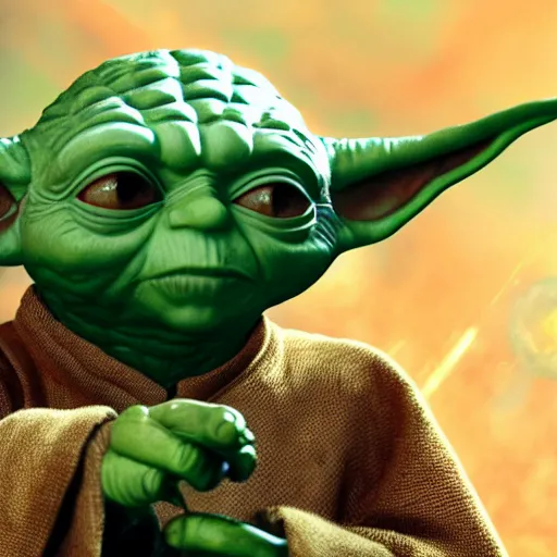 Image similar to A still of Yoda eating arepas, 4k, photograph, ultra realistic, highly detailed, professional lighting