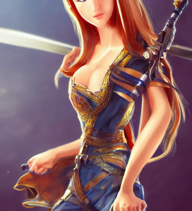 Prompt: illustration rendering of a beautiful girl with swords epic photorealistic portrait in go nagai ishikawa ken disney pixar style depth of field lens flare leica zeiss detailed trending award winning on flickr artstation