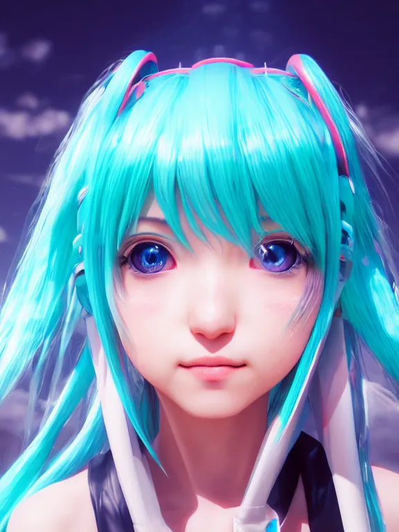 Image similar to portrait art of hatsune miku 8 k ultra realistic, lens flare, atmosphere, glow, detailed, intricate, full of colour, cinematic lighting, trending on artstation, 4 k, matte, hyperrealistic, focused, extreme details, unreal engine 5, cinematic, masterpiece