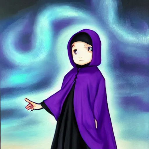 Image similar to little boy wearing nun outfit. purple and black color palate, detailed soft painting, made in abyss art style, inspired in hirohiko araki