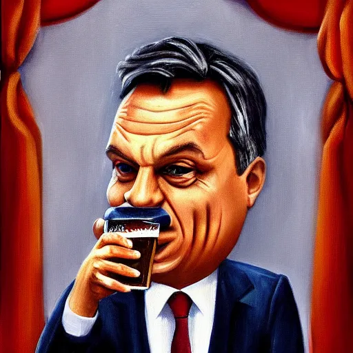 Image similar to viktor orban drinking beer, anatomically correct, oil painting, highly detailed