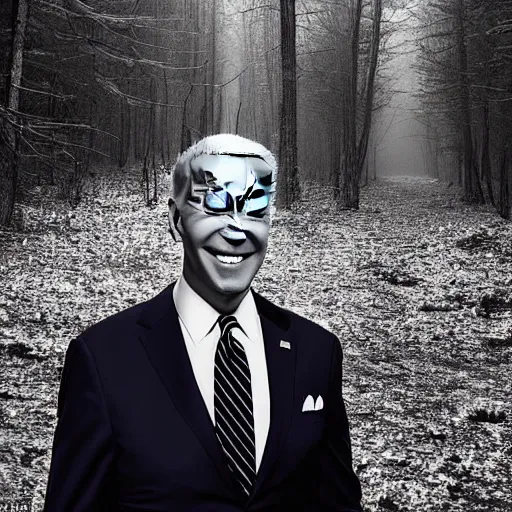 Image similar to joe biden standing ominously far in the foggy woods with a demonic wide smile in his face in the new horror movie, creepy