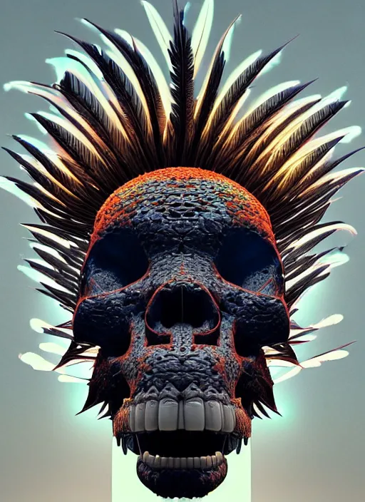 Image similar to 3 d ape shaman profile portrait, sigma 5 0 0 mm f / 5. beautiful intricate highly detailed quetzalcoatl skull and feathers. bioluminescent, plasma, lava, ice, water, wind, creature, thunderstorm! artwork by tooth wu and wlop and beeple and greg rutkowski, 8 k trending on artstation,