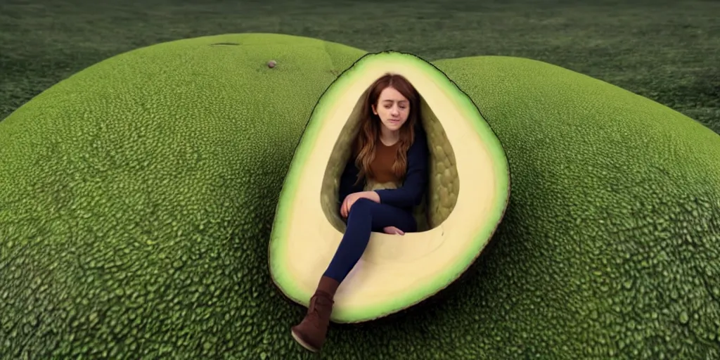 Prompt: < hermione curled up sideways inside an a giant avocado >, inside an a giant avocado, in a field, at hogwarts, ultra realistic, morning, 4 k, cinematic lighting, avocado suit, sitting in an avocado, realistic, photography - n 4