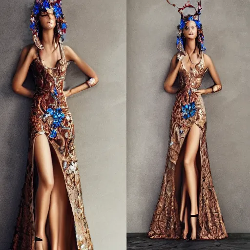 Image similar to exclusive evening dress made of bronze transparent fabric fantasy with colored flower petals made of fabric. intricate asymmetrical patterns. an elegant hat. hyperrealistic photos, clear details.