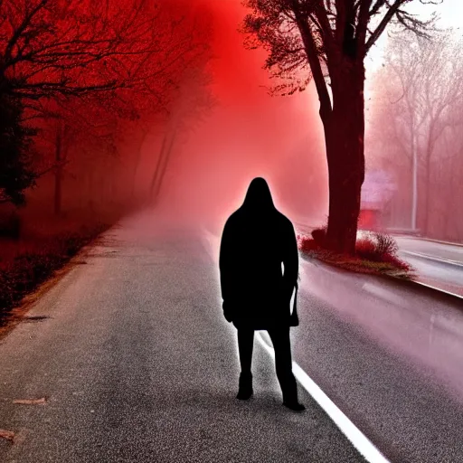 Prompt: mist, there\'s a shadowy figure on the road it has red glowing eyes