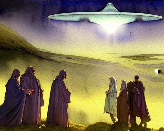 Image similar to a realistic and atmospheric watercolour fantasy character concept art portrait of a group of christians wearing robes and emerging from the mist on the moors of ireland at night. a ufo is in the sky. by rebecca guay, michael kaluta, charles vess and jean moebius giraud