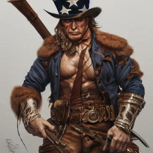 Image similar to portrait of a uncle sam barbarian, muscular, wild, upper body, d & d, fantasy, intricate, cinematic lighting, highly detailed, digital painting, artstation, concept art, smooth, sharp focus, illustration, art by hajime sorayama