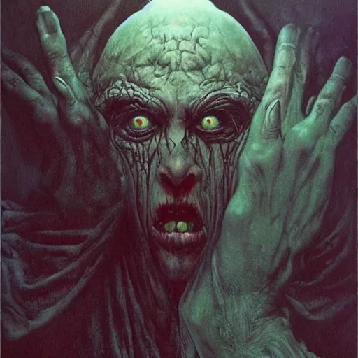 Image similar to portrait of crazed zealot by gerald brom, background by zadzislaw beksinski