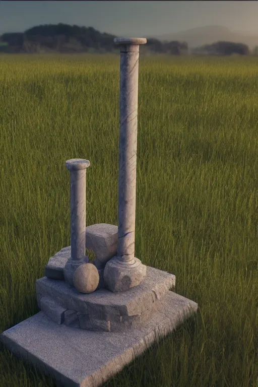 Prompt: a detailed render of an isolated lonely marble pipe organ, in the middle of a field, supported by a lone stone column, trending on artstation, render, 3 d, octane, 4 k, 8 k, unreal engine, cinema 4 d