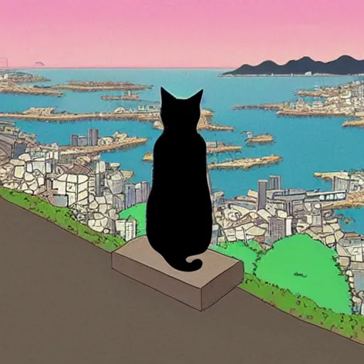 Image similar to a black cat fursona looking out over a city, Miyazaki, studio ghibli