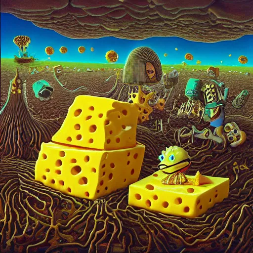 Image similar to SpongeBob SquarePants made of cheese by jacek yerka, alex gray, zdzisław beksiński, dariusz zawadzki, jeffrey smith and h.r. giger, oil on canvas, 8k highly professionally detailed, trending on artstation